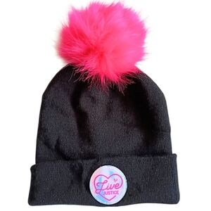 NWOT JUSTICE Girls Beanie Black Pink PomPom Knit ONE SIZE